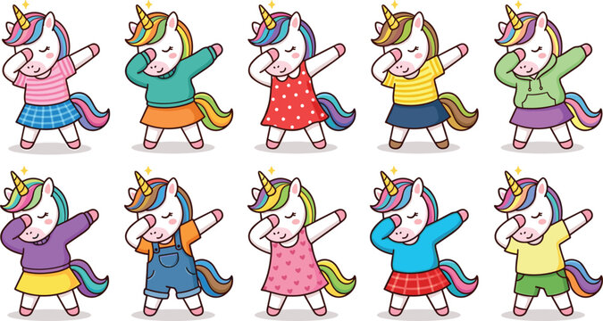 Cute dabbing unicorn cartoon character collection with colorful outfits, funny poses, isolated fantasy mascot vector illustration set