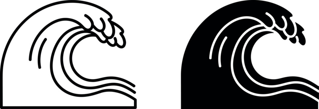 Stylized outline and filled silhouette of a crashing ocean wave for design