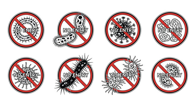 Hand-drawn bacteria and virus illustrations with no entry text highlighting warning signs, hygiene, and infection control measures.