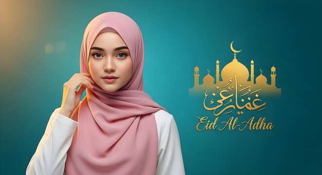Woman in pink hijab celebrating Eid Al-Adha with mosque background