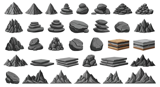 Extensive set of grey rock and mountain illustrations including piles of stones, cliffs, boulders, and isometric soil layer sections.