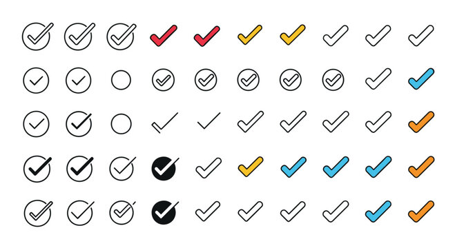Large variety of checkmark icons in different colors and styles including circular, bordered, and simple minimalist designs for lists.
