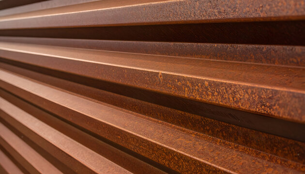 Close-up of a rusty brown corrugated metal wall textured abstract facade panel