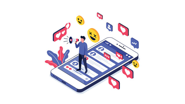 Concept illustration of a man using a megaphone to broadcast messages surrounded by social media notification bubbles and emojis.