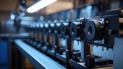 Naklejka premium Advanced industrial machine performing automated processes on a high tech production line, symbolizing efficient engineering and modern factory automation for optimal output