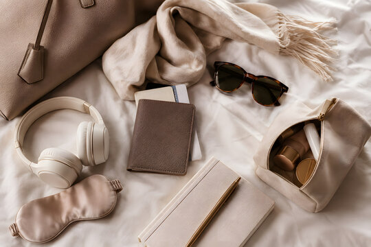 Neutral travel essentials flat lay with headphones passport wallet scarf sunglasses and cosmetic pouch