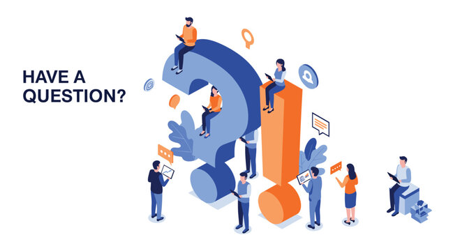 Isometric concept of business people standing around large question and exclamation marks for faq help desk or customer support services.
