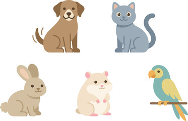 Fototapeta premium Set of funny cartoon animal characters including a cat, dog, lion, and farm pets in a vector illustration icon collection for a baby zoo or safari