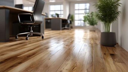 Fototapeta premium A brightly lit modern office interior featuring natural wood flooring contemporary furniture and large expansive