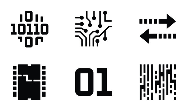 Digital Technology Icons Set: Binary Code, Circuit Board, Data Transfer, Microchip, 01 Numbers, Barcode Graphics