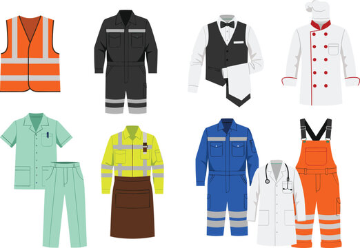 Detailed Set of 9 Professional Worker Uniforms Featuring Safety Vests, Chef Jackets, Medical Coats, and Industrial Workwear for Occupational, Safety, and Trade Designs