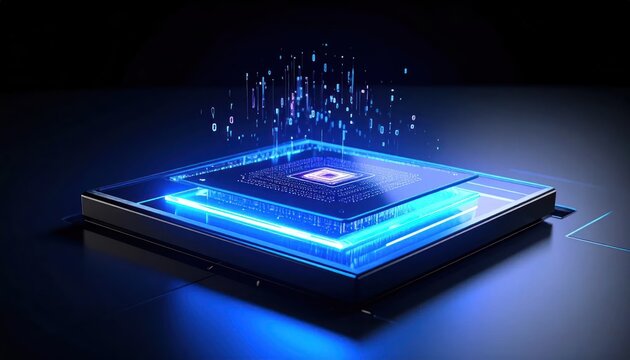 Futuristic Glowing Microchip Processing Data on Dark Digital Platform