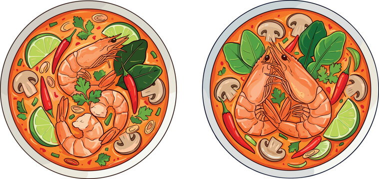 Vibrant Thai Tom Yum Shrimp Soup Bowl Illustration with Fresh Herbs, Mushrooms, Lime and Chili Vector Art