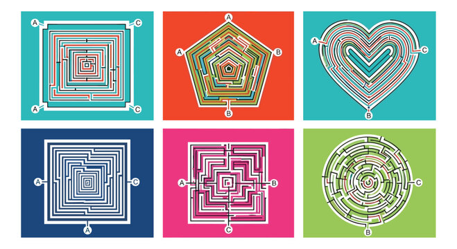 Collection of six colorful geometric mazes in shapes of square pentagon heart and circle for puzzle games and brain teaser activities.
