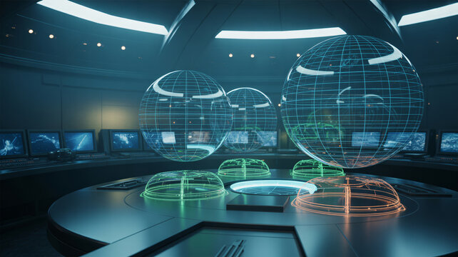 Futuristic control room with glowing wireframe spheres on a circular table surrounded by computer screens