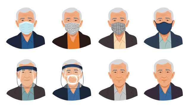 Elderly Asian man demonstrates different types of protective face masks and clear plastic face shields for virus prevention and safety.