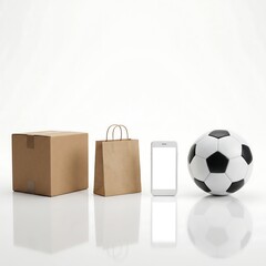 E-commerce delivery concept with cardboard box, Paper bag, Smartphone, And soccer ball on white background