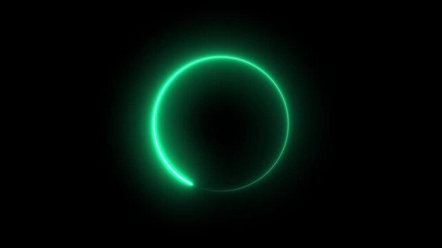 Abstract neon circle animation rotating and glowing against a dark background with futuristic digital.Bright pink neon glowing circle ring abstract background design element.Neon ellipse circle border
