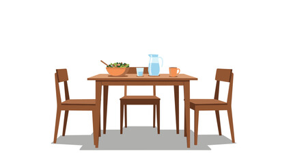 Fototapeta premium Minimalist dining room setup featuring a sturdy wooden table with three chairs, a bowl of salad, and water pitcher.