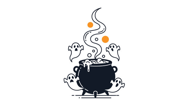 Spooky Halloween illustration of a bubbling black cauldron with swirling steam and friendly ghosts against a white background.