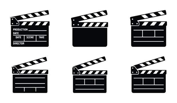 Set of 6 Black Film Clapperboards, Movie Production Slate Icons, Cinema Scene Cutters, Director's Tools, Vector Graphics for Filmmaking