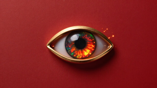 Gros plan d'une broche &oelig;il surr&eacute;aliste avec iris en opale iridescente sertie dans un cadre dor&eacute; sur fond rouge