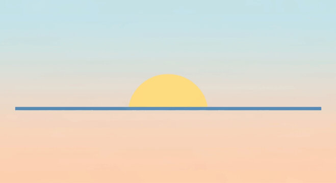 Sunrise, sunset, yellow sun, blue horizon line, gradient sky, minimalist vector