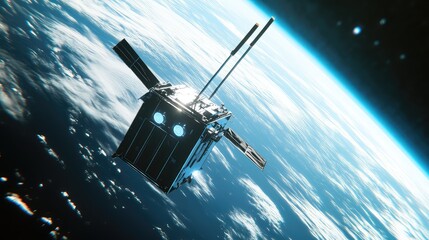 Fototapeta premium Communication satellite traveling in space above earth, reflecting sunlight while performing critical tasks of global connectivity and data transmission