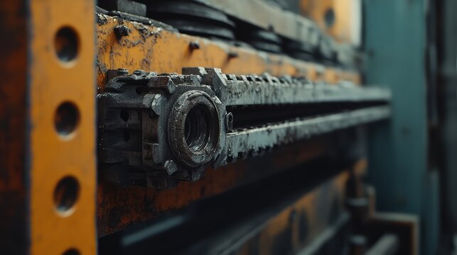Close up view of heavily used industrial machinery, highlighting weathered metal and gear mechanisms covered in grime and oil, conveying a sense of hard work and manufacturing industry