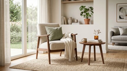 Fototapeta premium Cozy modern living room with wicker armchair and natural light interior design wicker chair home decor coffee table