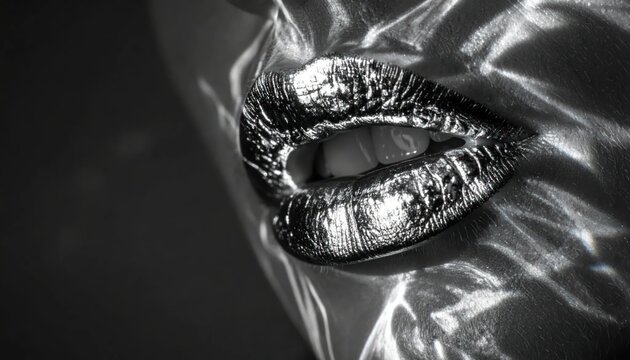 Glossy Metallic Lips Parted in Dramatic Monochrome Beauty Close Up