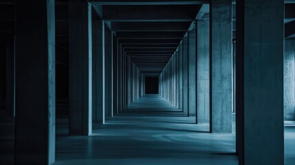 Naklejka premium Grungy concrete pillars forming an infinite tunnel with a strong linear perspective disappearing into darkness, conveying concepts of profound depth and isolation