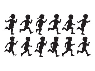 Obraz premium Set of black silhouettes of children running in various poses and directions, isolated on a white background, collection of active kids in motion for projects