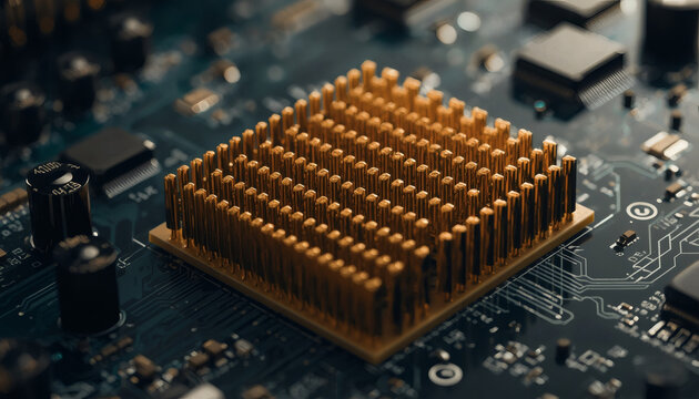 Aligned gold-plated CPU connector pins macro. Electronic engineering.