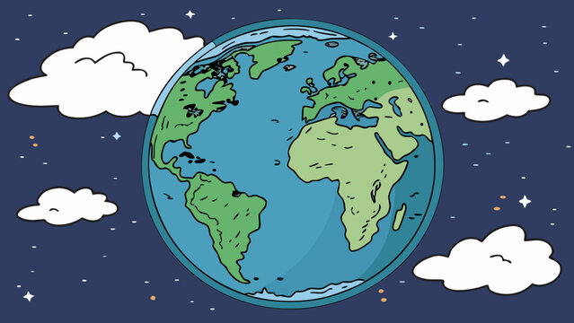 Cartoon earth planet floating in space with clouds and stars flat design solar system outer space planet illustration space background world map universe illustration astronomy celestial
