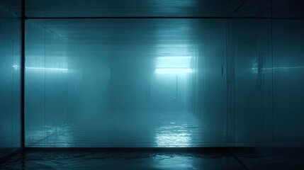 Fototapeta premium Empty corridor reflecting blue light in a mysterious atmosphere, with water flowing across the floor and fog filling the space, creating an abstract and ethereal tunnel