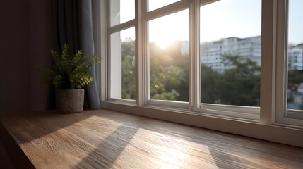 Fototapeta premium Sunlight illuminates a clean wooden surface and potted plant near an expansive window in a bright modern interior setting