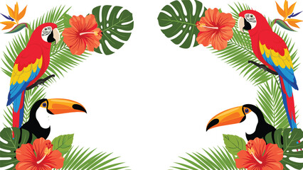 Obraz premium Tropical floral border design featuring colorful parrots and toucans perched among lush green palm leaves and bright hibiscus flowers.