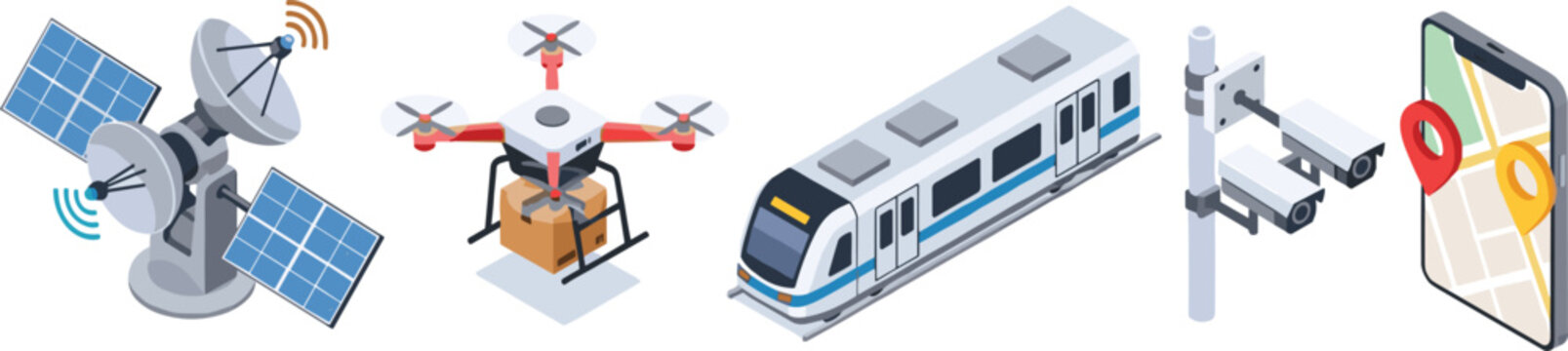 Isometric Smart City Infrastructure Vector Icons Set with Satellite Dish Solar Panels Delivery Drone Train Surveillance Cameras and Mobile Navigation Map App Designs