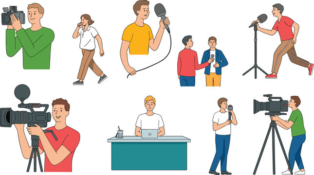 Journalism Vector Character Set featuring News Reporter Interviewing Cameraman Filming Anchor Broadcasting and Photographer Recording for Media Press and Communication Designs