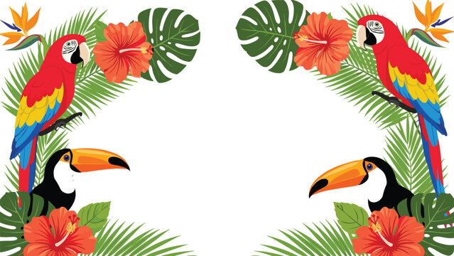 Tropical floral border design featuring colorful parrots and toucans perched among lush green palm leaves and bright hibiscus flowers.