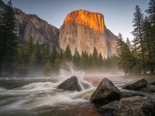 Naklejka premium Majestic Granite Peaks and Rushing River Surge