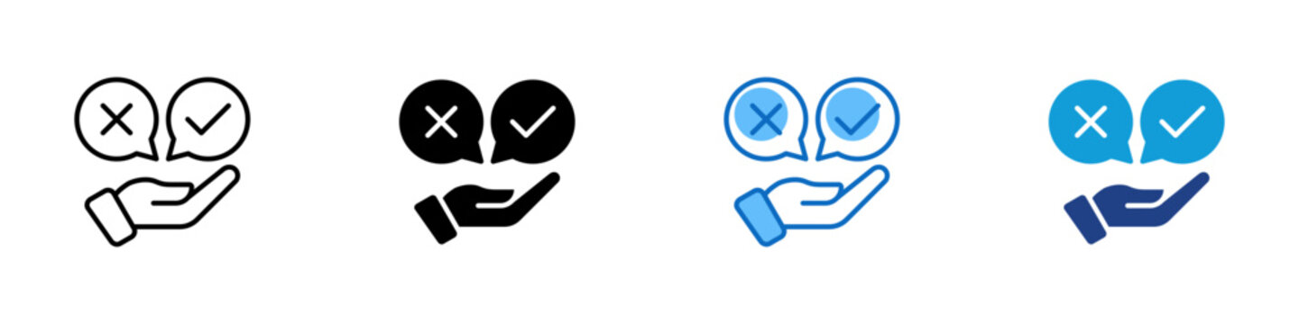 Feedback Decision Multiple Style Icon Design Vector - X and checkmark inside speech bubbles representing approval decision, user feedback response, and review outcome communication