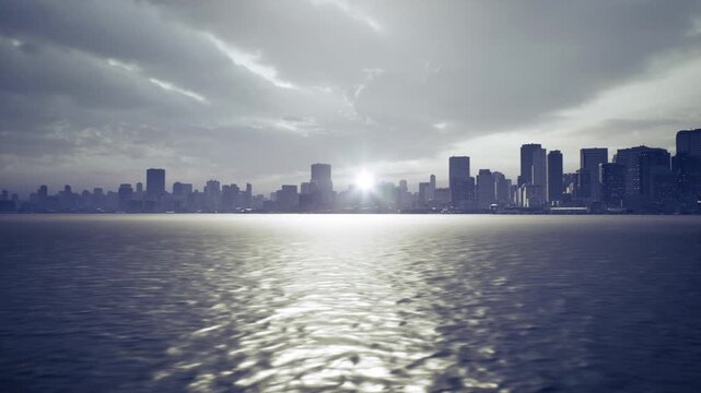 Morning glow over cityscape. Calm sunrise illuminating picturesque bay view. Peaceful dawn radiates soft colors across bay and towering glass structures