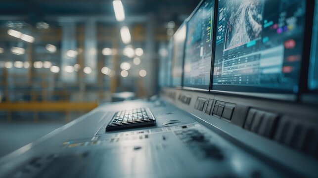 Control room workstation featuring multiple monitors displaying real time data and analytics for factory floor operations, highlighting technology in industrial engineering and cybersecurity