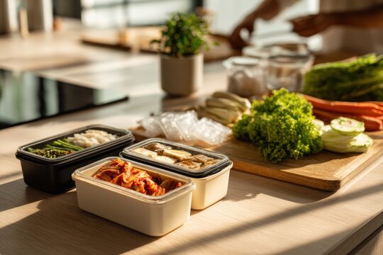 Clean meal kit box concept opened on kitchen island with unbranded containers of kimchi and fresh ve