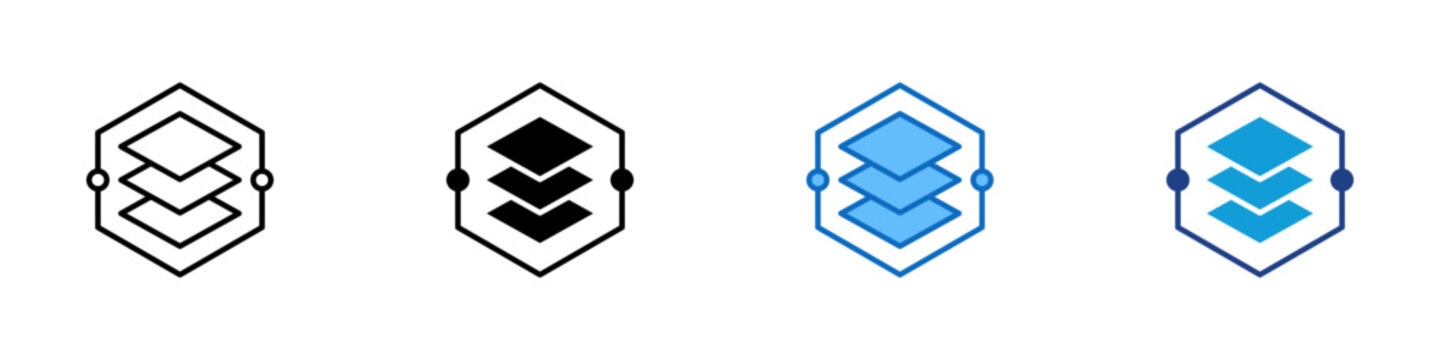 Layer Stack Multiple Style Icon Design Vector - Hexagonal layers stacked representing multi level architecture, data layer structure, and modular system design