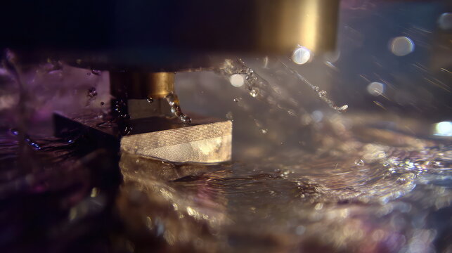 Industrial cnc machine fabricating metal part with electric discharge machining process, using coolant fluid for precision and control in manufacturing