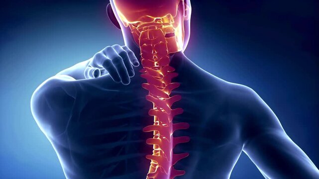 3D animation of a male body showing glowing red spine highlighting back pain