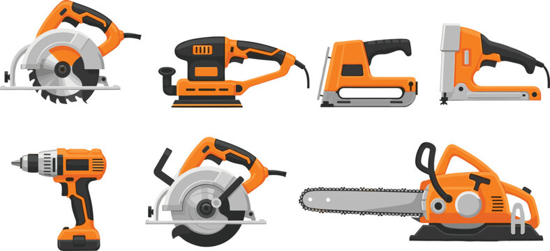 Power Tools Icon Set with Electric Saws, Drills, Staplers, and Sanding Machines for Construction, DIY Projects, and Digital Media Designs